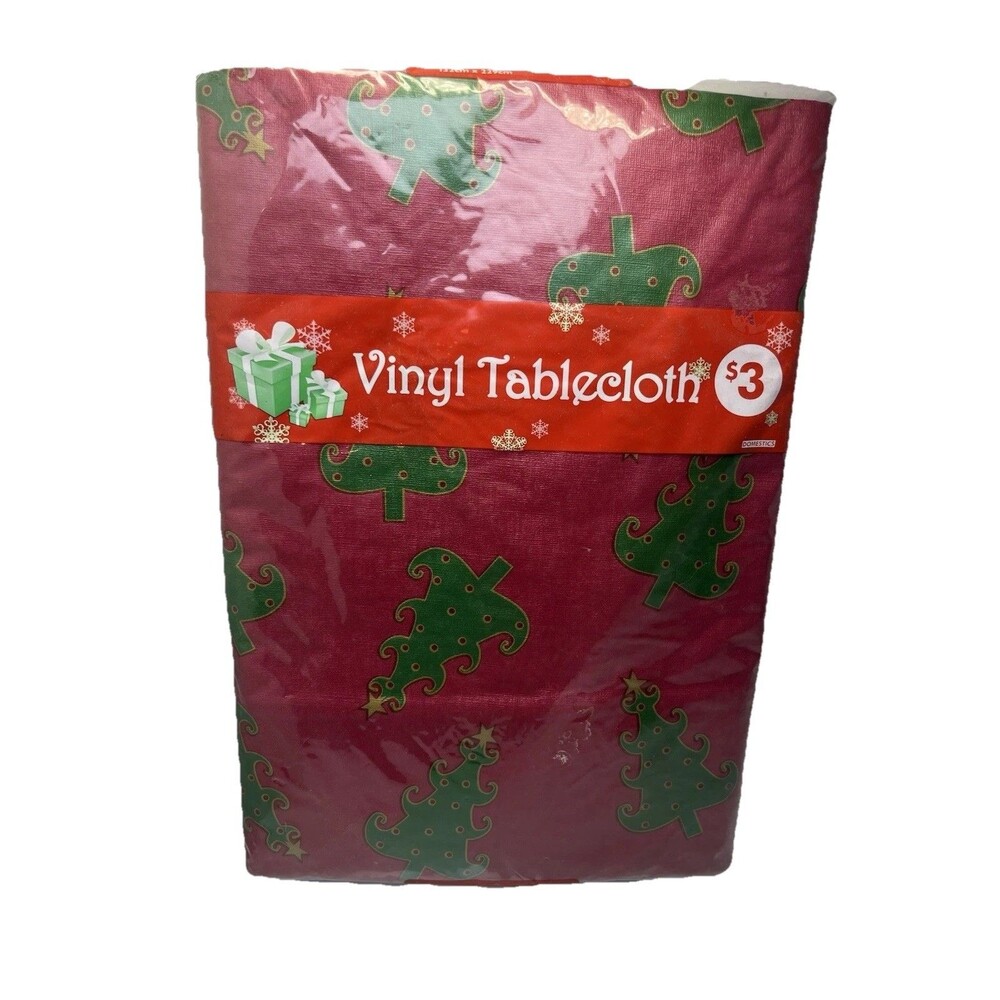 NEW Vinyl Flannel Backed Christmas Tree Table Cloth Oblong Red Green Vintage